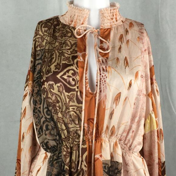 Zara Shirt Womens Sz L Pink Beige Floral Knit Turtleneck Blouson Tunic Top Boho - Picture 2 of 10